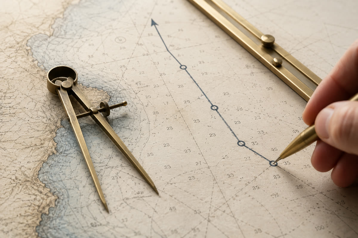 Zirkel und Lineal zeichnen einen Kurs auf einer Seekarte
